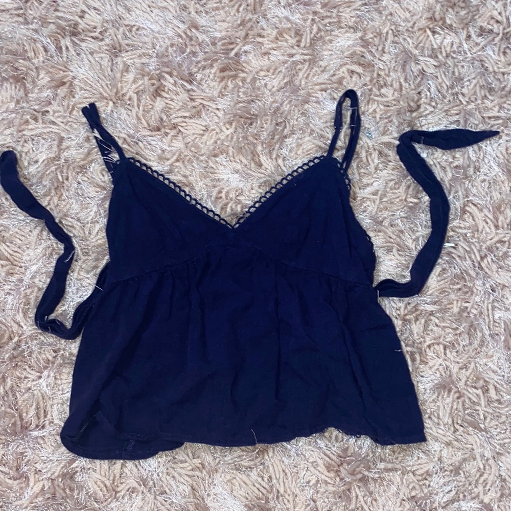Newbury kustom navy strap flare crop top. SIZE: S
